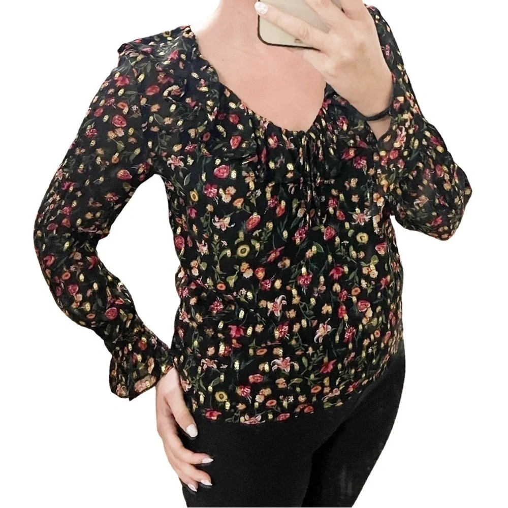 J CREW Ruffleneck Long Sleeve Top In Midnight Vintage Floral XS